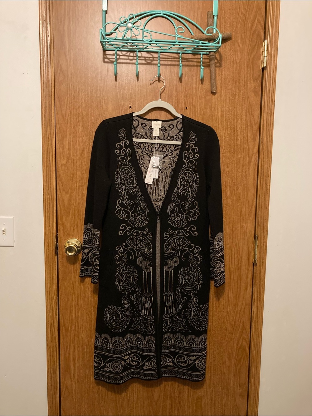 Chico's Black Longline Cardigan Sweater with Gold Ornamental Embroidery